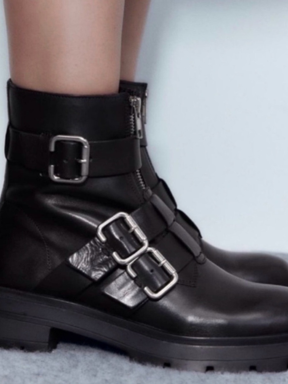 Zara Black Leather Buckle Strap Ankle Boots